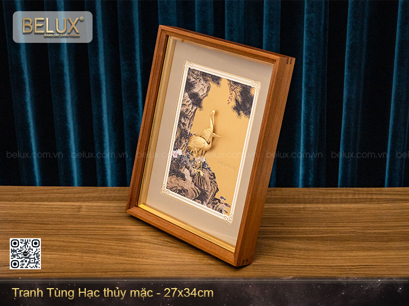 Tranh tùng hạc thủy mặc dát vàng kt 34x27cm&nbsp;